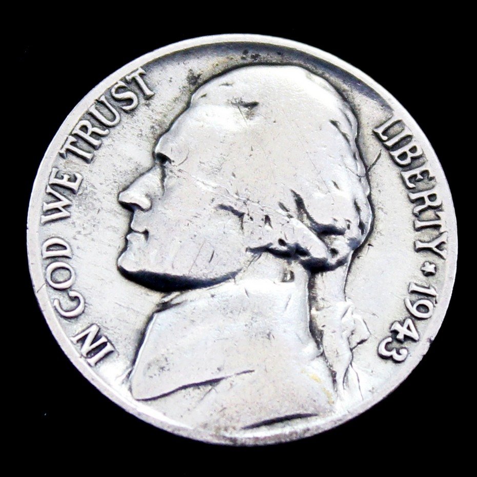 Moeda de Prata 5 Cents USA Jefferson Nickel 1943-P - Familia Muda
